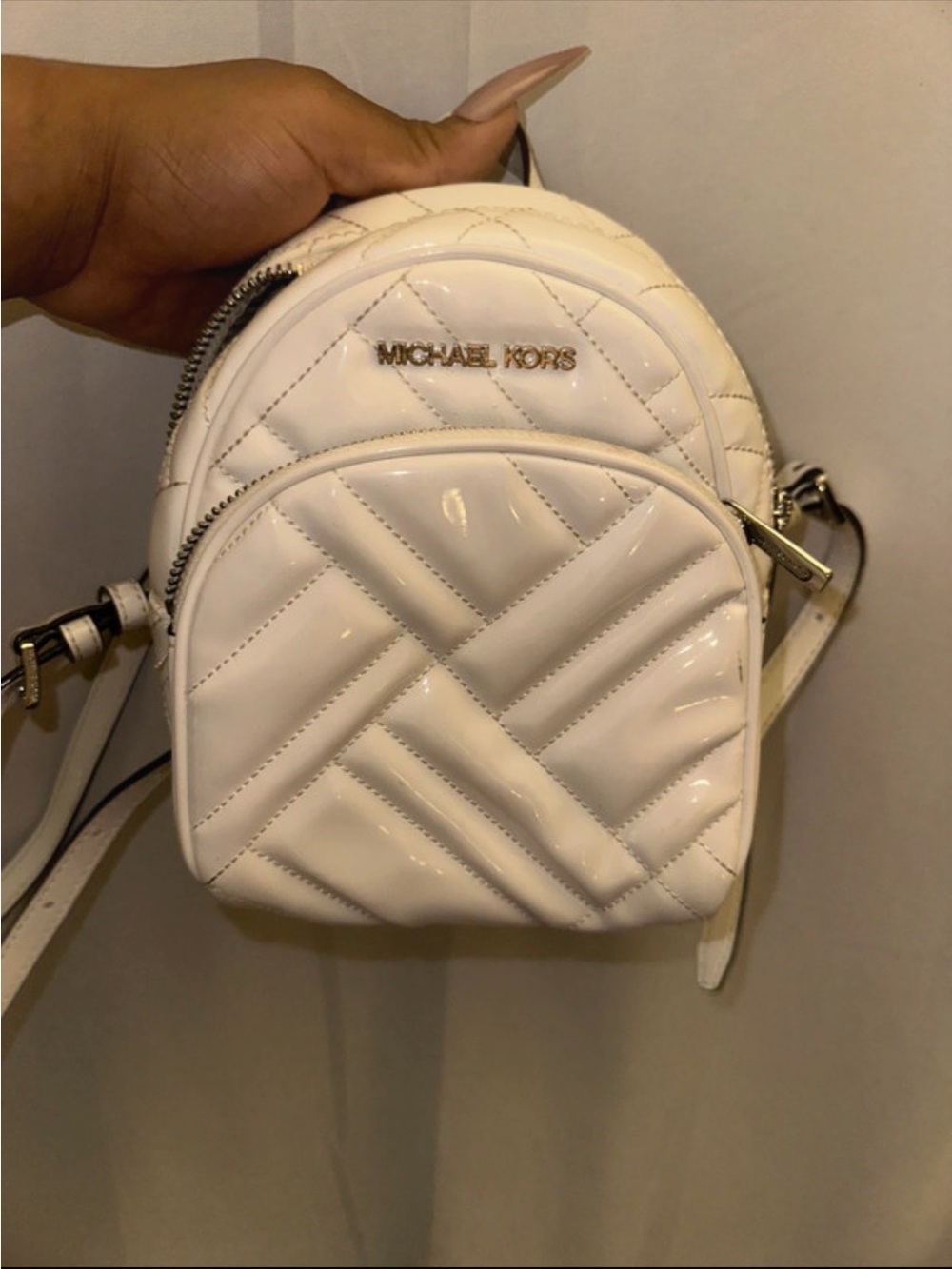 Michael Kors White Quilted Patent Leather Mini Backpack Crossbody
